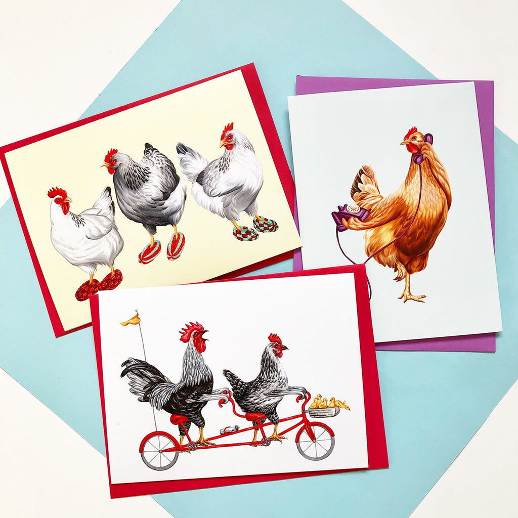 easter card idea, chicken card, carte de pâques, carte de poules, amelie legault, poule en pantoufles, poule à vélo, poule au téléphone