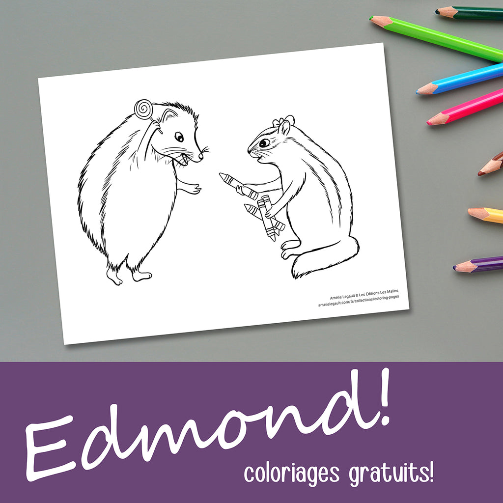 coloriages gratuits d'Edmond le hérisson par Amélie Legault, collection les fins finauds aux éditions les malins 