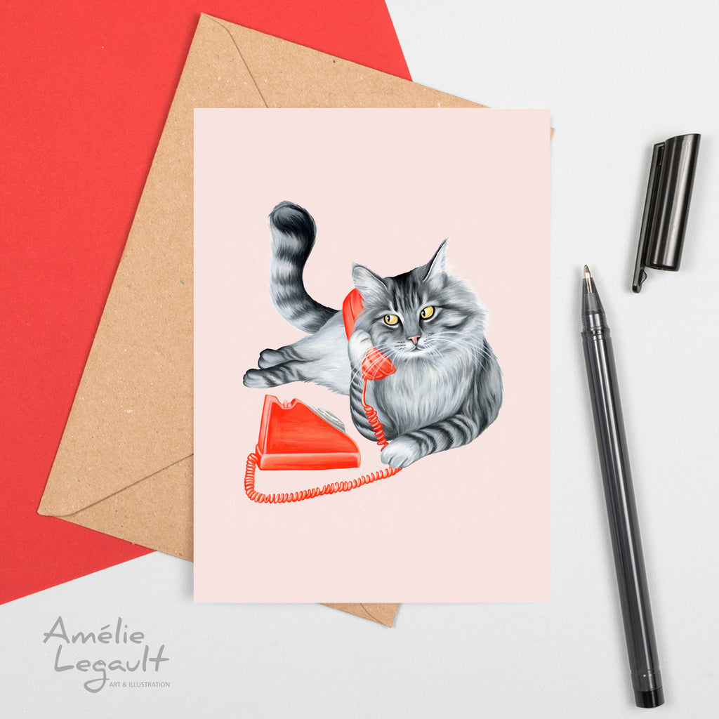 cat on the phone, cat illustration, cat lover, cat lady, vintage phone, greeting card, birthday card, amelie legault 