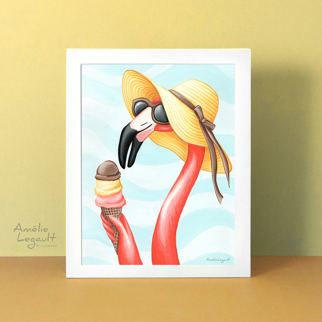 Pink flamingo, ice cream cone, art print, flamingo art, flamingo love, flamingo decor, flamingo illustration, amelie legault, ice cream illustration
