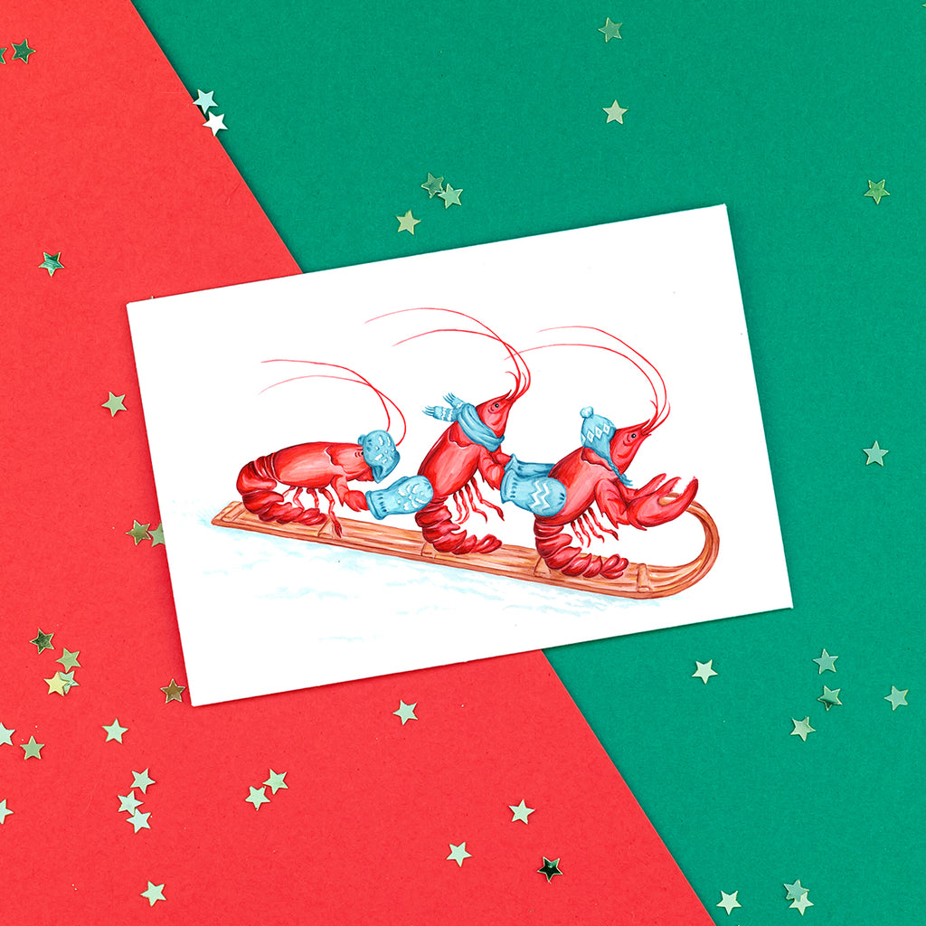 Holiday card, Christmas card, Amélie Legault, lobster card, lobster sliding, tobogan 