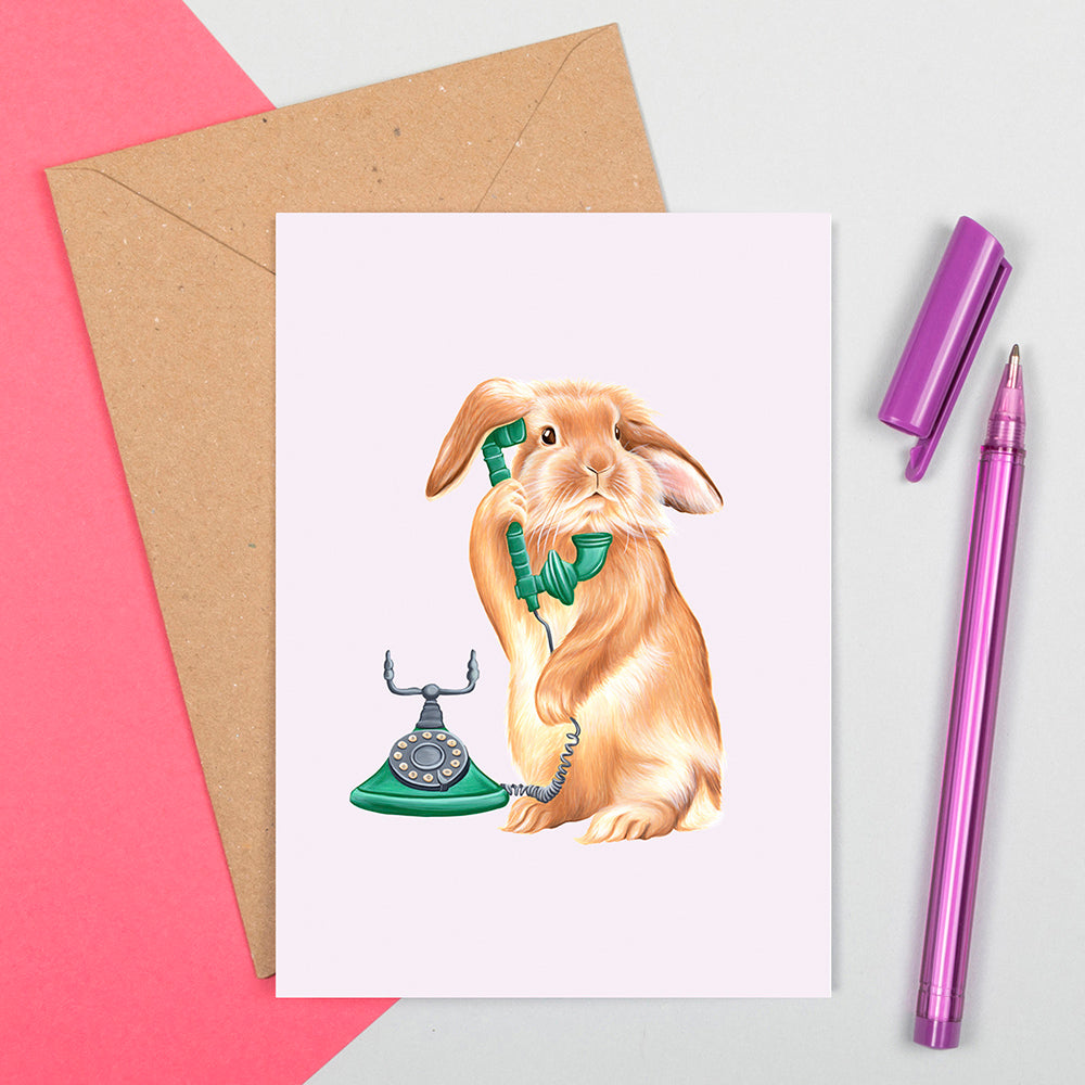 rabbit on the phone, vintage phone, rabbit card, greeting card, amelie legault, birthday card, made in canada, canadian artist