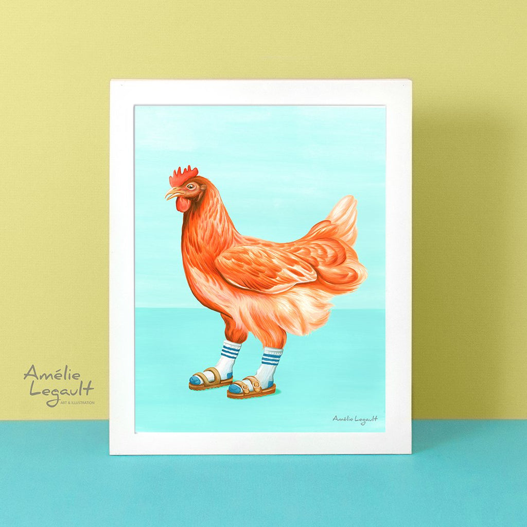 Hen illustration, hen painting, chicken illustration, chicken art print, Chickens wearing sandals with socks, art Print, Home decor, amelie legault, canadian artist, canadian art, made in canada