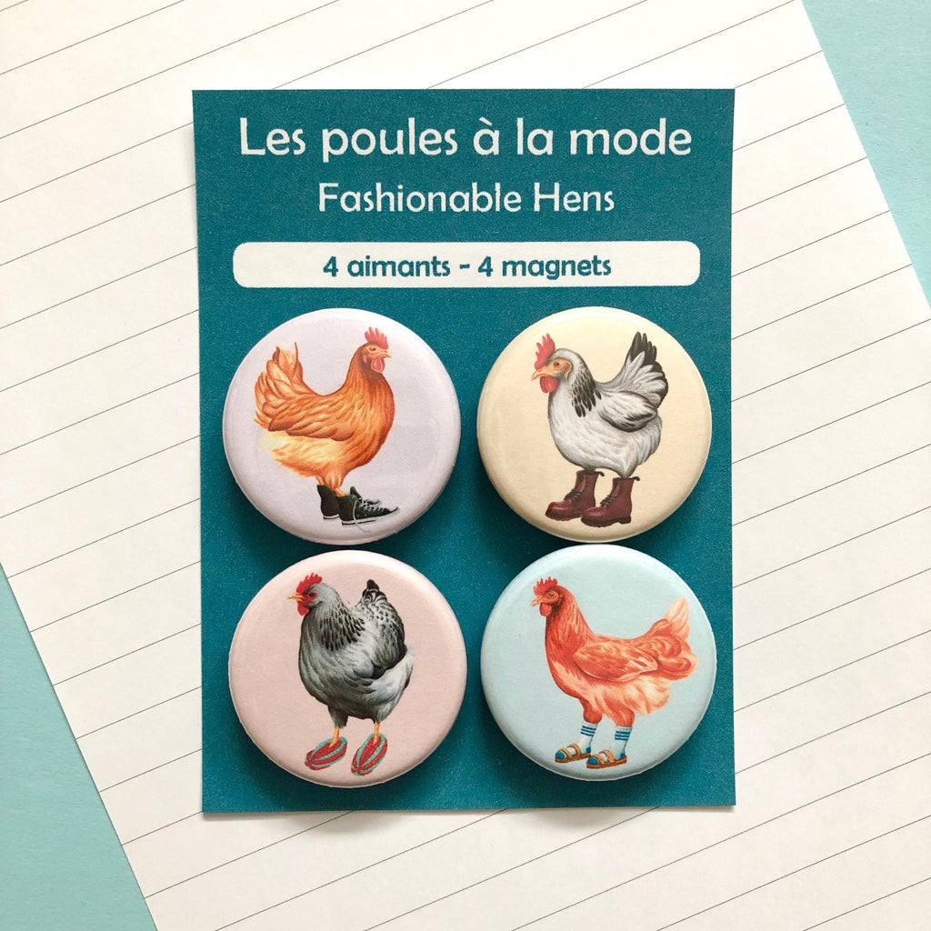 Ensemble de 4 aimants de poules en souliers par l'artiste illustratrice Amélie Legault 