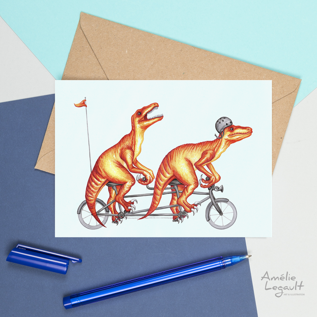 Raptors, dinosaurs, tandem bike, bicycle card, dinosaur card, amelie legault, greeting card, birthday card
