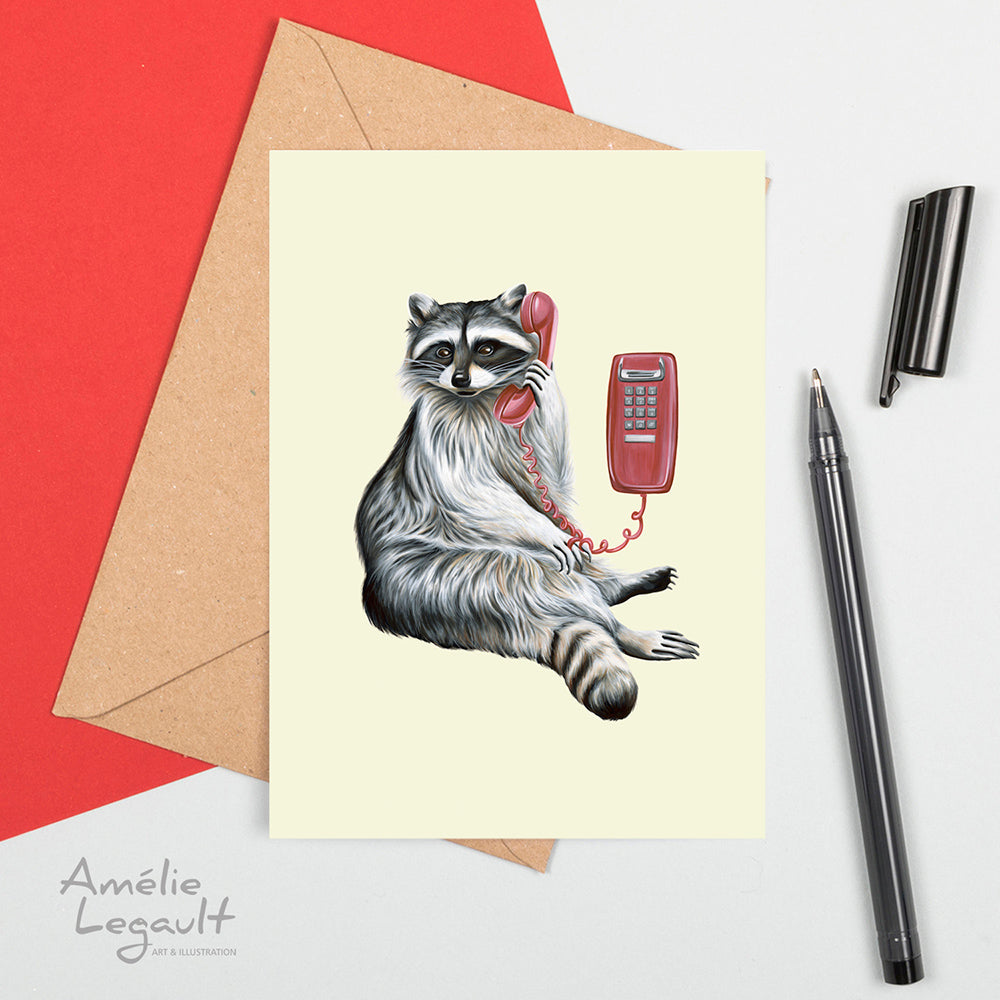 raccoon on the phone, greeting card, raccoon card, birthday card, amelie legault, made in canada, wall phone, canadian artist