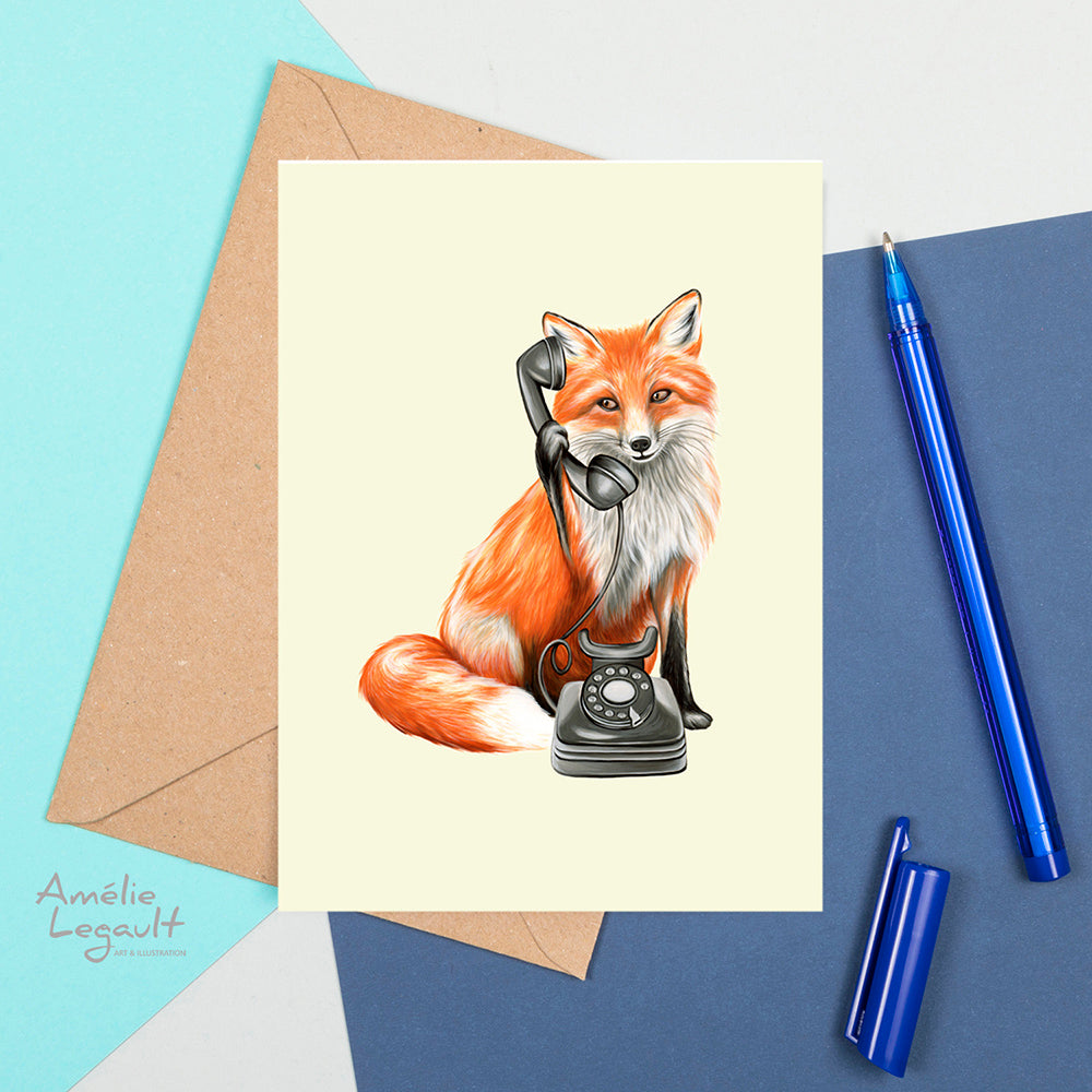 fox on the phone, fox card, greeting card, amelie legault, birthday card, vintage phone, rotary phone, made in canada, canadian artist