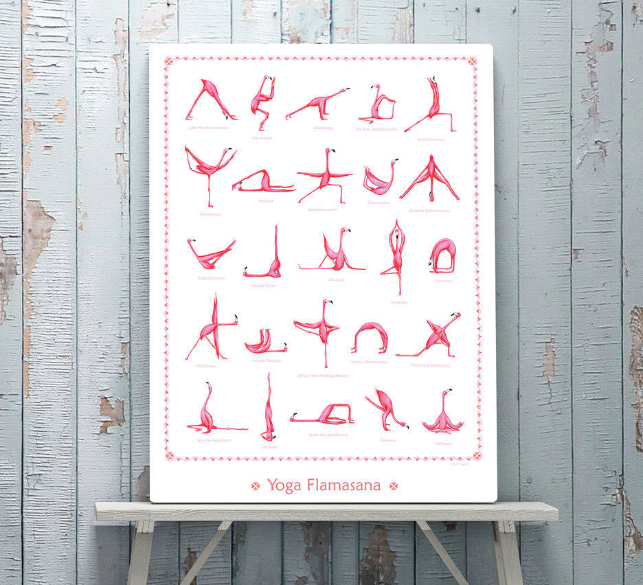 yoga poster, pink flamingo , 25 asanas, amelie legault 