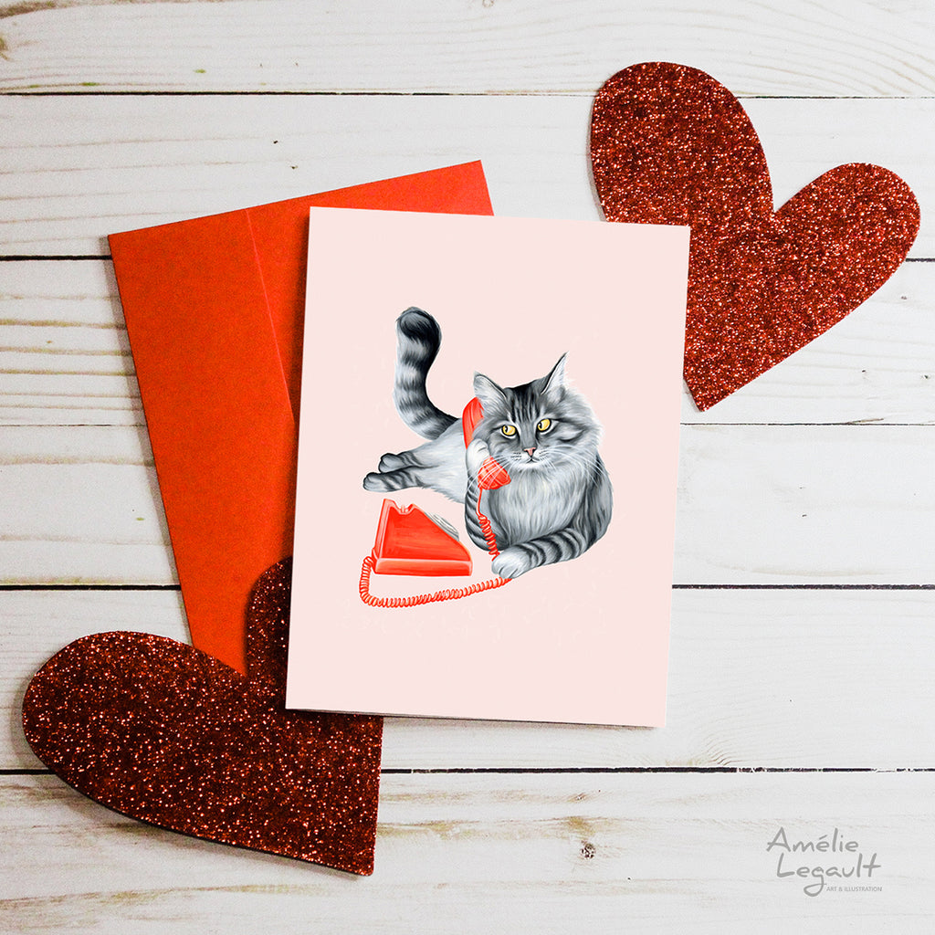 valentine's day card, carte st-valentin, allo je t'aime, hello I love you, amelie legault, cat, chat, chat au téléphone, cat on the phone