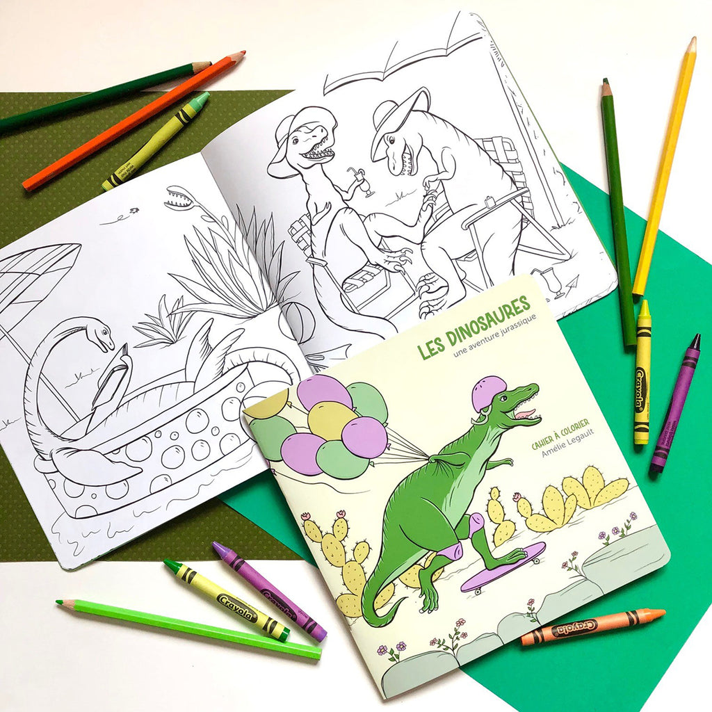 Cahier à colorier de dinosaures par l'artiste québécoise, autrice et illustratrice Amélie Legault, fait au québec