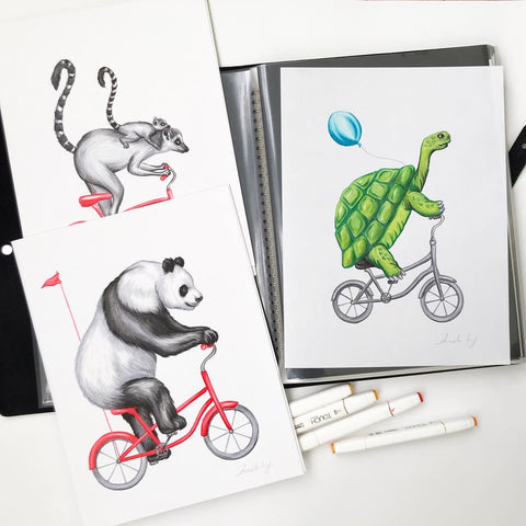 animals on bikes, original artworks, amelie legault, ink drawing, panda, lemur, turtle