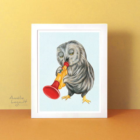 Baby Owl playing trumpet - Poster