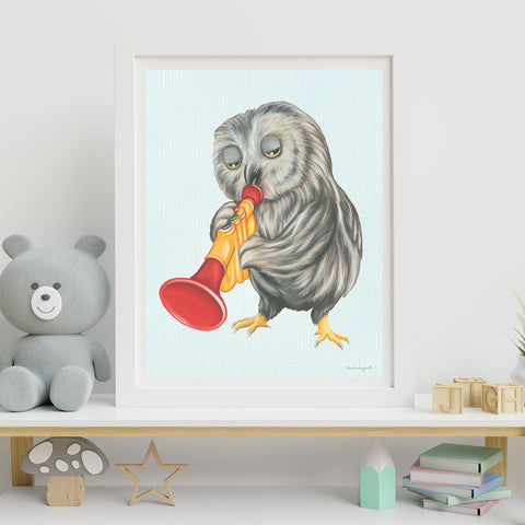Baby Owl playing trumpet - Poster