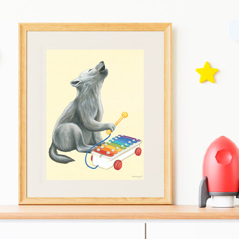 Bébé loup au xylophone - Affiche murale