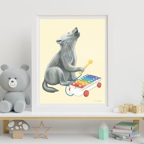 Bébé loup au xylophone - Affiche murale