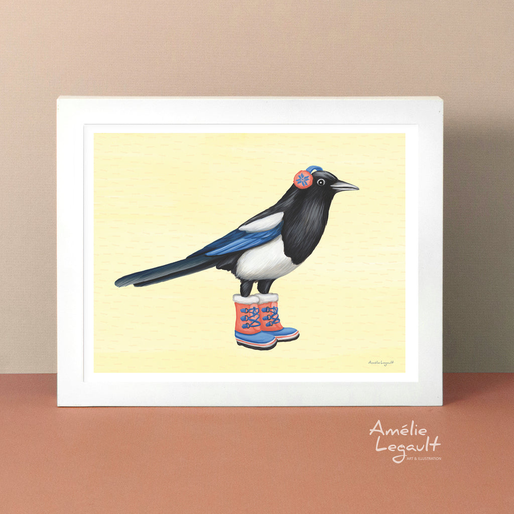 Alberta black-billed magpie bird illustration, balck-billed magpie, art print, north american bird illustration, art print, Amelie Legault