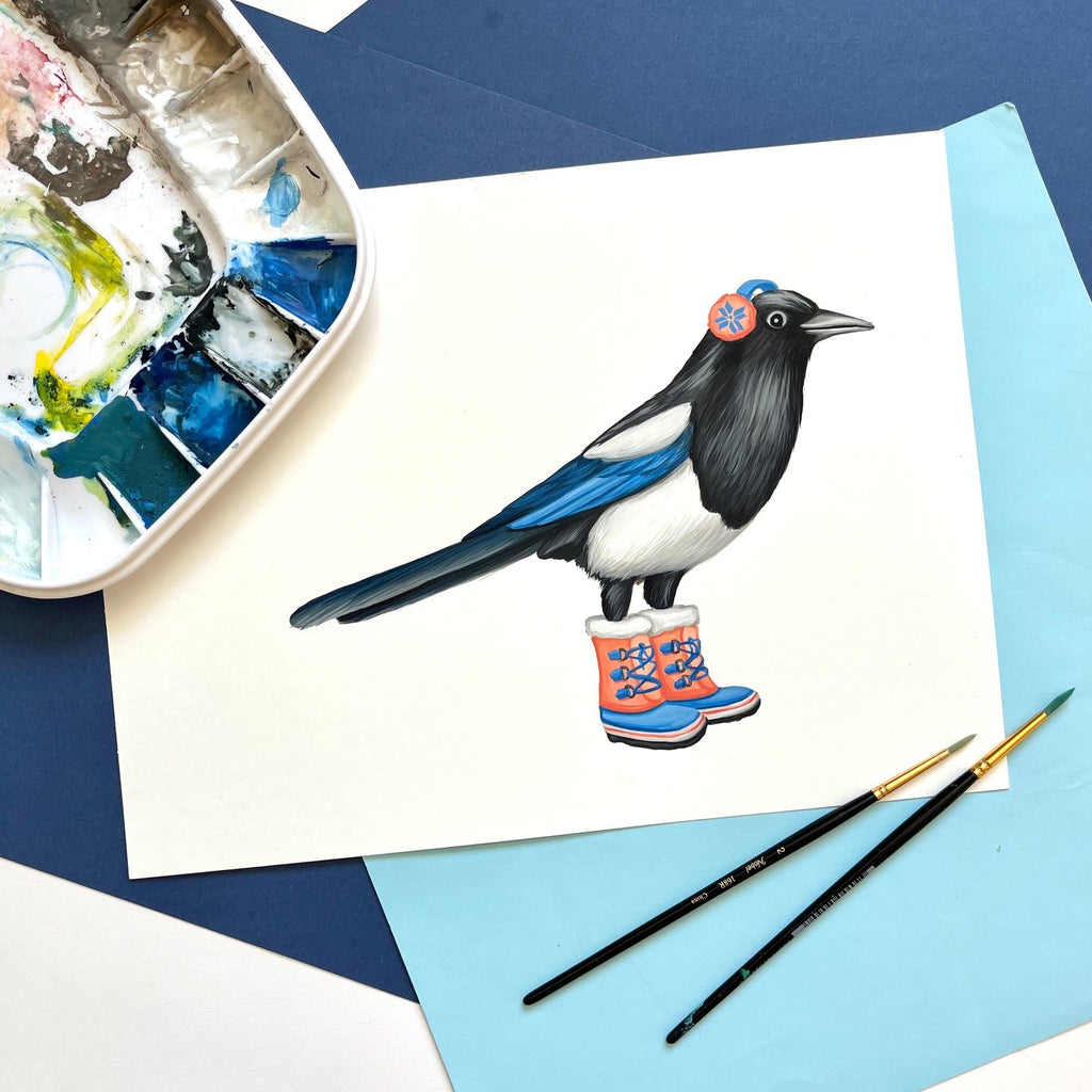 Alberta black-billed magpie bird illustration, balck-billed magpie, art print, north american bird illustration, art print, Amelie Legault