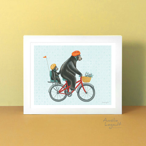 Black bear cycling bicycle, art print by Canadian Artist Amelie Legault, affiche d'ours noir en vélo l'artiste québécoise Amélie Legault, bicyclette, montagnes, rocheuse, british columbia, colombie britanique