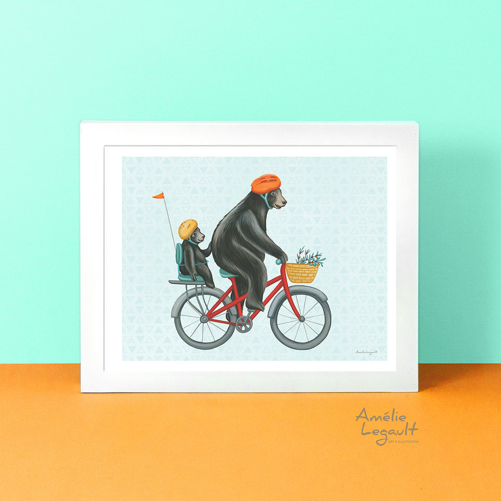Black bear cycling art print by Canadian Artist Amelie Legault, affiche d'ours noir en vélo l'artiste québécoise Amélie Legault, bicyclette, montagnes, rocheuse, british columbia, colombie britanique