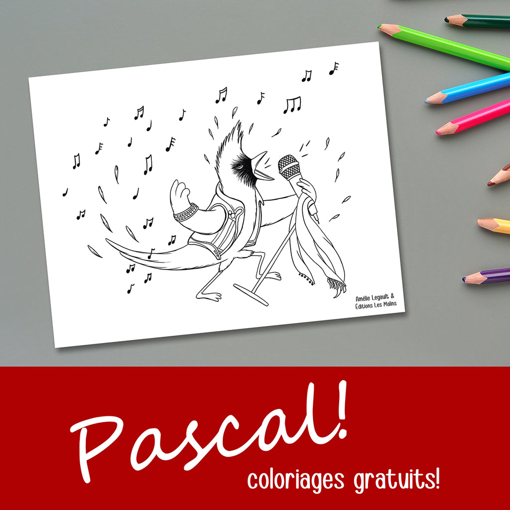 Coloriages gratuits de l'Album jeunesse Pascal le cardinal par l'autrice et illustratrice Amélie Legault , les éditions les malins, les fins finauds