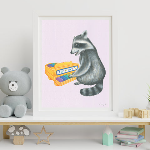 Baby Raccoon playing on vintage toy piano - Poster