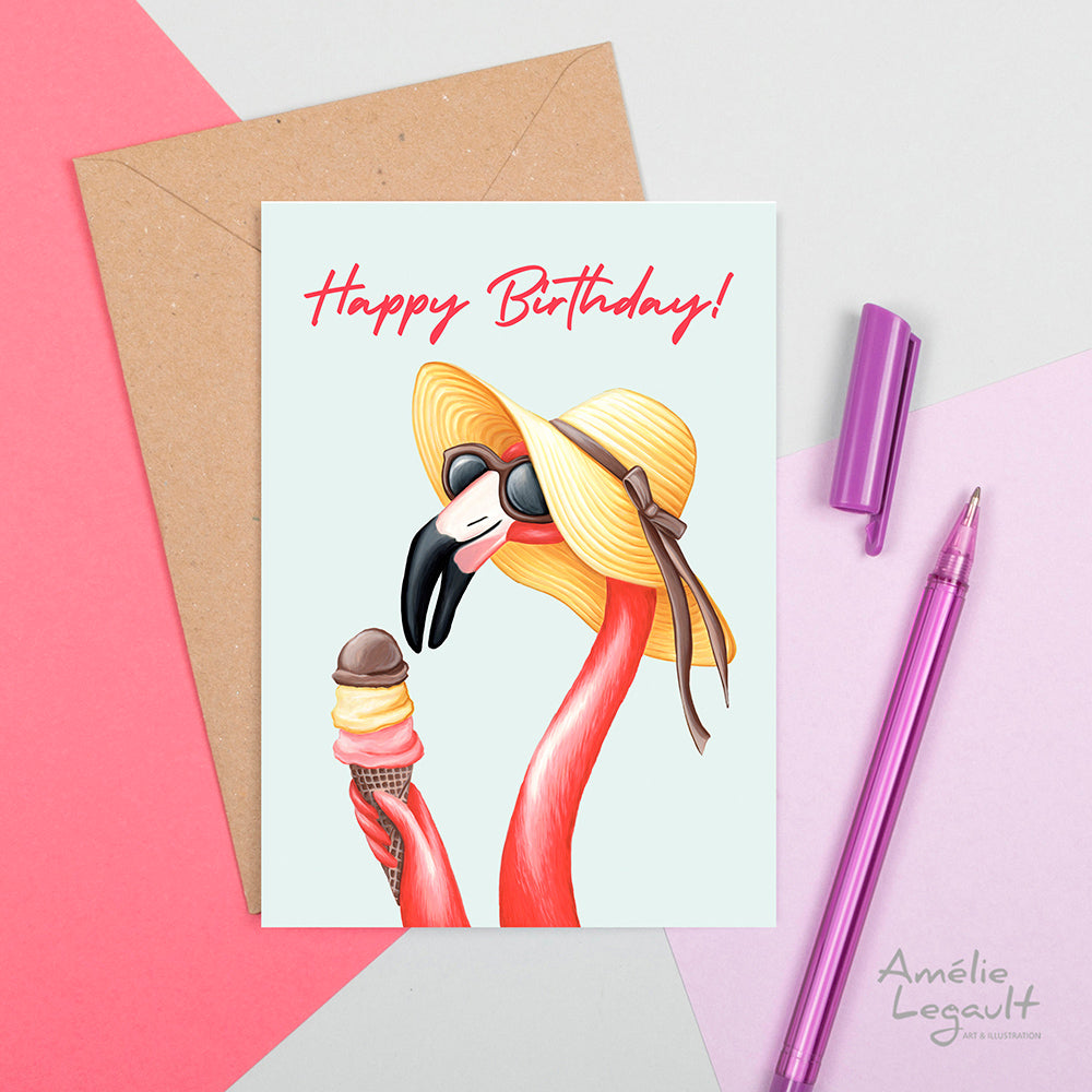 Happy birthday card, pink flamingo, flamingo card, flamingo illustration, ice cream cone, amelie legault, made in canada, canadian artist