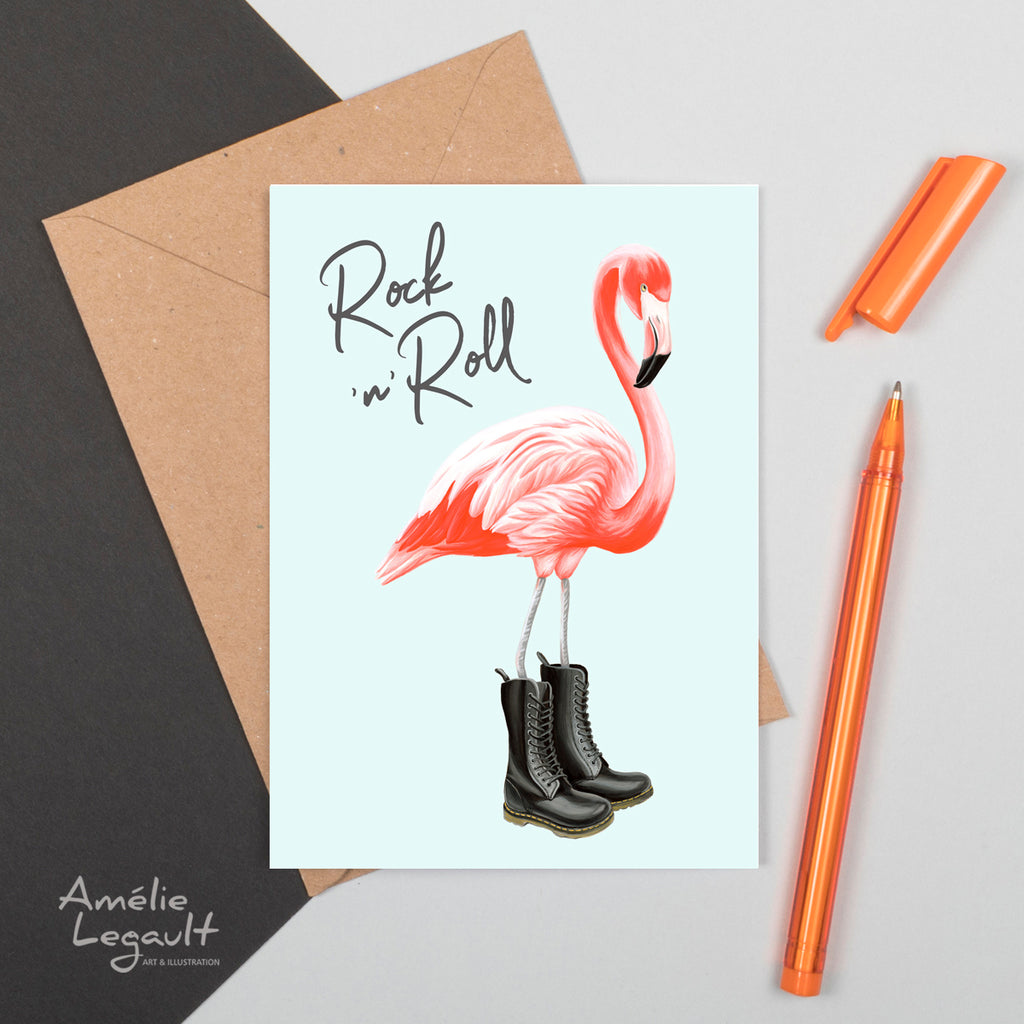 Pink flamingo card, birthday card, rock n' roll, flamingo love, flamingo lover, greeting card, amelie legault, boots 
