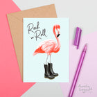 flamant rose, carte de flamant rose, carte de souhaits, amelie legault, made in canada, fait au québec, bottes, rock n' roll card