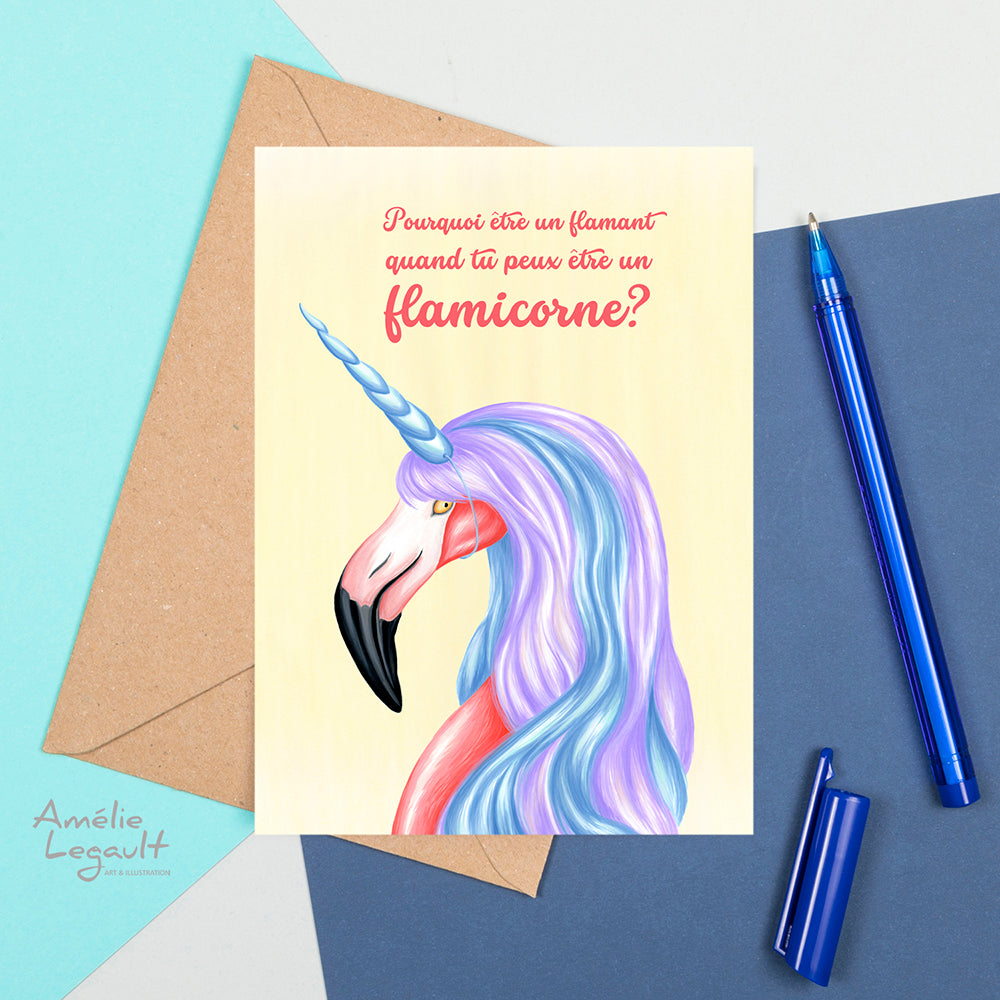 flamingo greeting card, unicorn greeting card, Amelie legault, birthday card, carte d'anniversaire