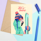 Pink flamingo card, holiday card, let it snow card, christmas card, amélie legault, ski, skier, made in canada