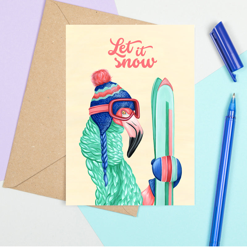 Let it snow card, holiday card, christmas card, carte de noël, flamingo card, flamingo skier