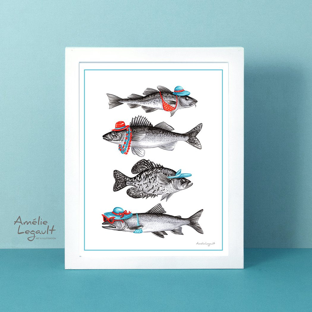 Dressed fish, Summer fish, fish art Print, fish drawing fish art work, canadian fish, amelie legault, made in canada, canadian artist