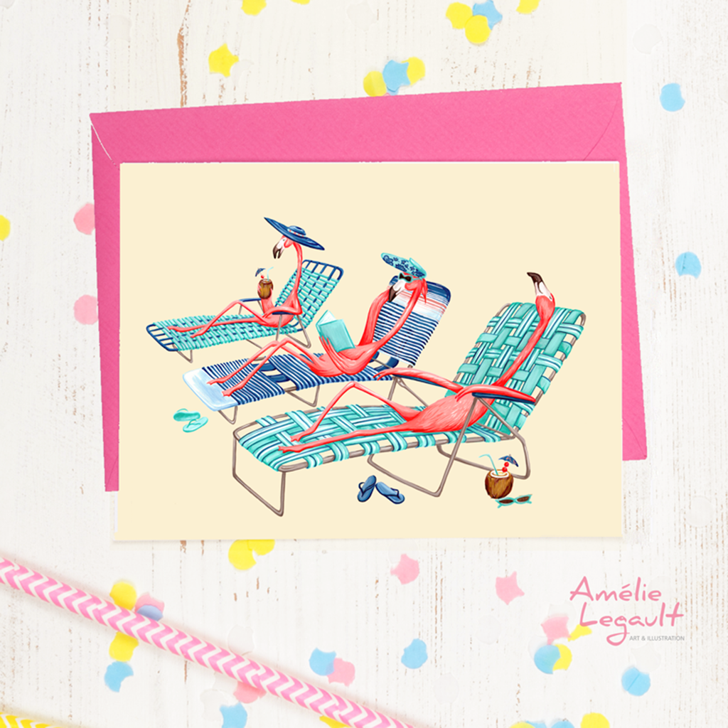 Pink flamingos, on the beach, birthday card, greeting card, vacation, amelie legault, lawn chairs