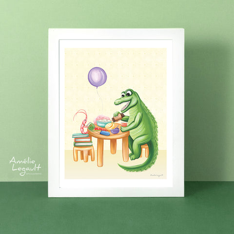 Illustration d'Hector l'alligator, Hector et Jeannette issue du livre pour enfants Hector l'alligator par l'autrice et illustratrice Amélie Legault, publié aux Éditions Les Malins