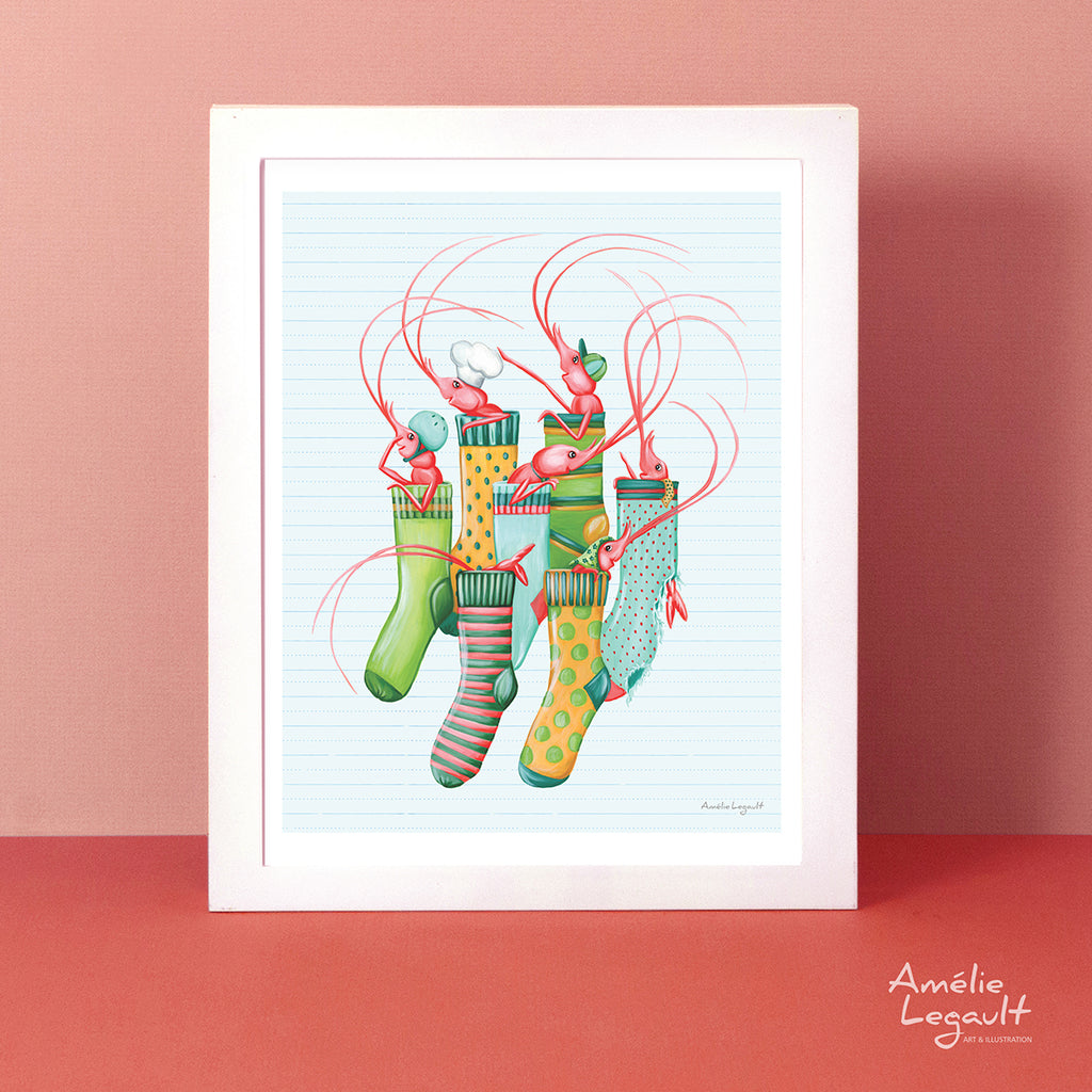 Illustration des crevettes en chaussettes, issue du livre pour enfants Jeannette la crevette par l'autrice et illustratrice Amélie Legault, publié aux Éditions Les Malins