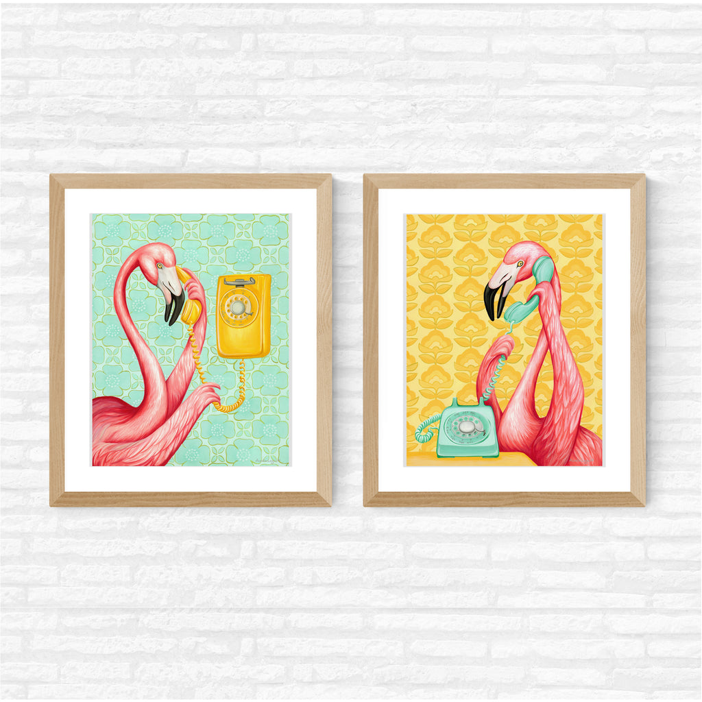Pink flamingos, on the phone, art print set, gouache painting, flamingo art, flamingo love, flamingo decor, flamingo illustration, amelie legault,