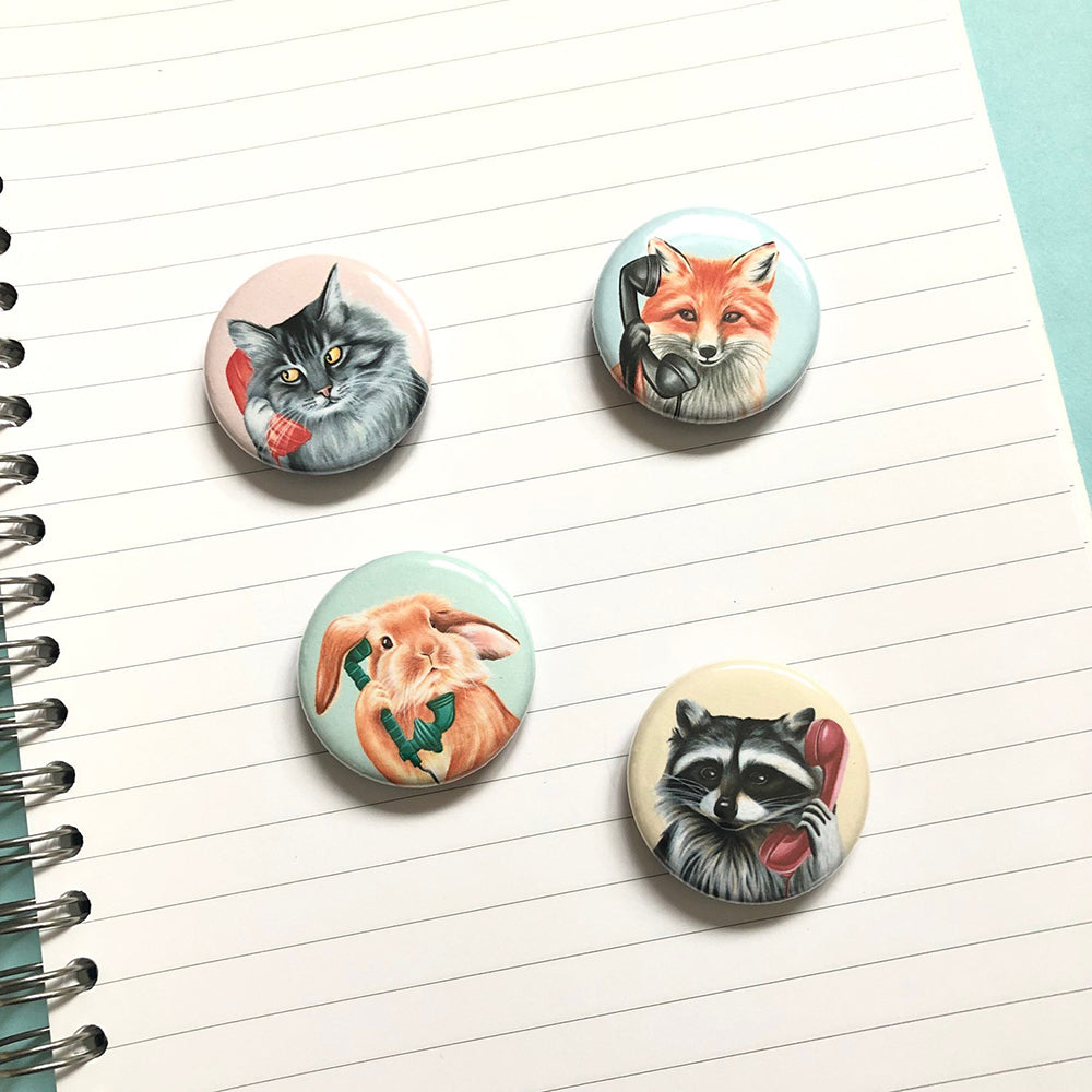 Set of 4 animals on the phone magnets by Amelie Legault artist, cat, fox, raccoon and rabbit
