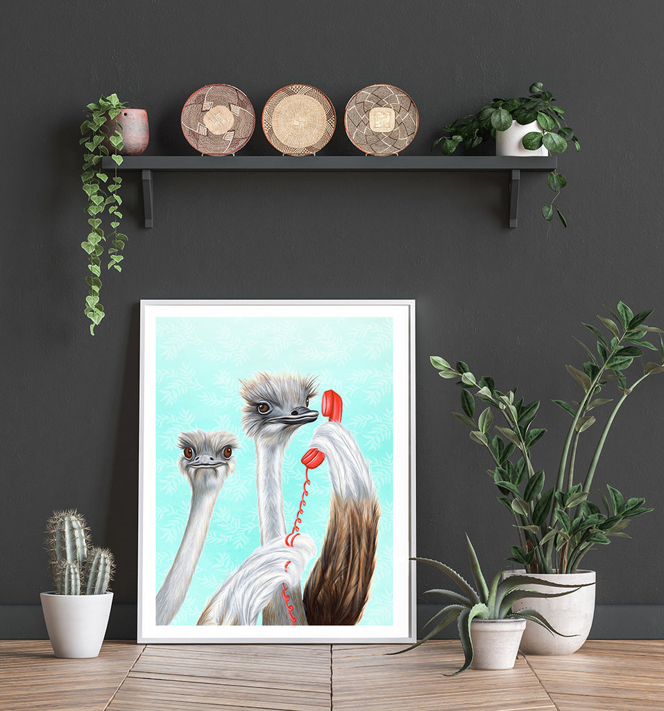 ostrich art work, ostrich ar print, ostrich painting, on the phone, vintage phone, amelie legault, ostriches feathers, canadian artist, canadian art, made in canada