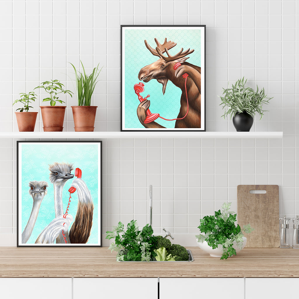 animal art work, animal art prints, home decor, amelie legault, moose art, ostrich art, kitchen decor, amelie legault, canadian art, made in canada, canadian artist