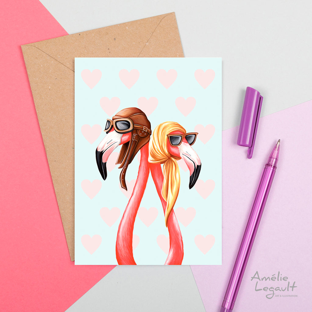 pink flamingo aviator card, carte de flamants roses aviateurs, Amélie Legault, carte de st-valentin, carte de mariage, wedding card, valentine's day card