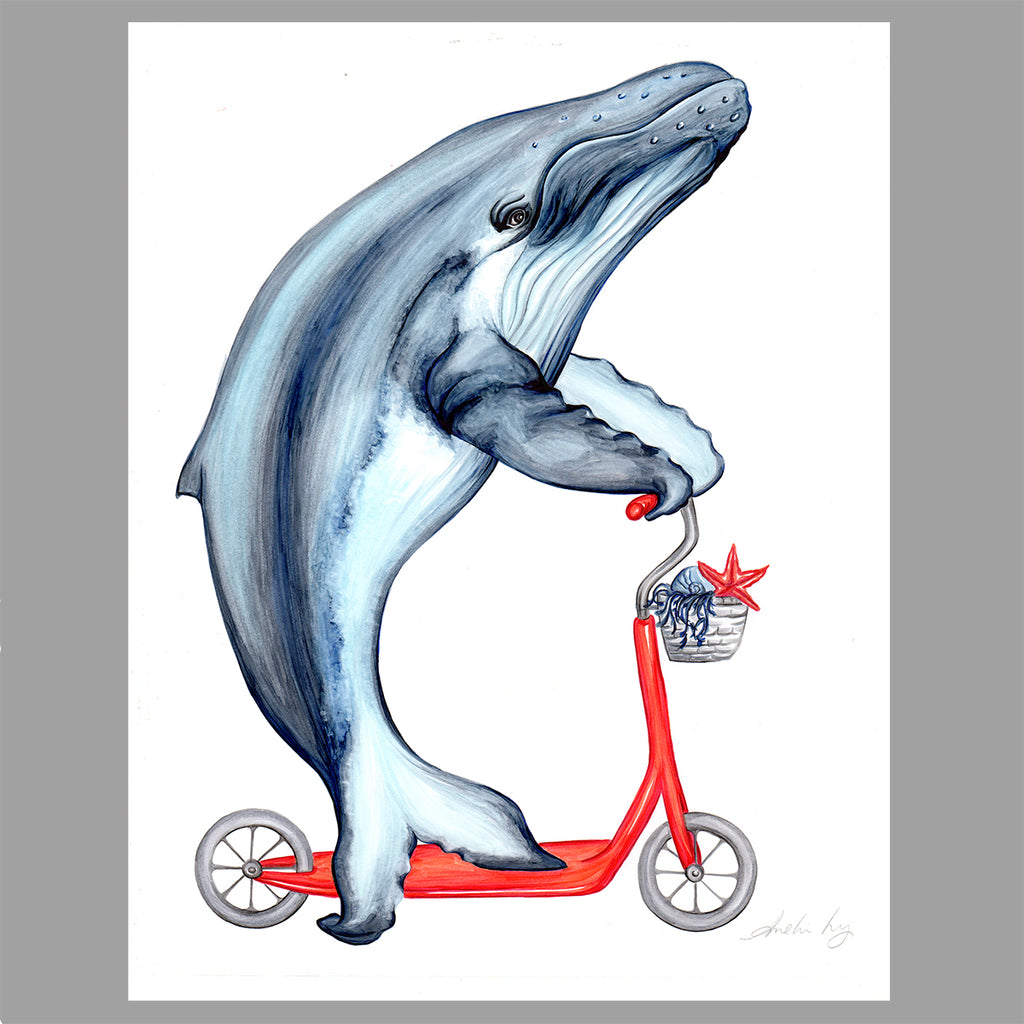Whale illustration, scooter, Original Artwork, Amelie Legault