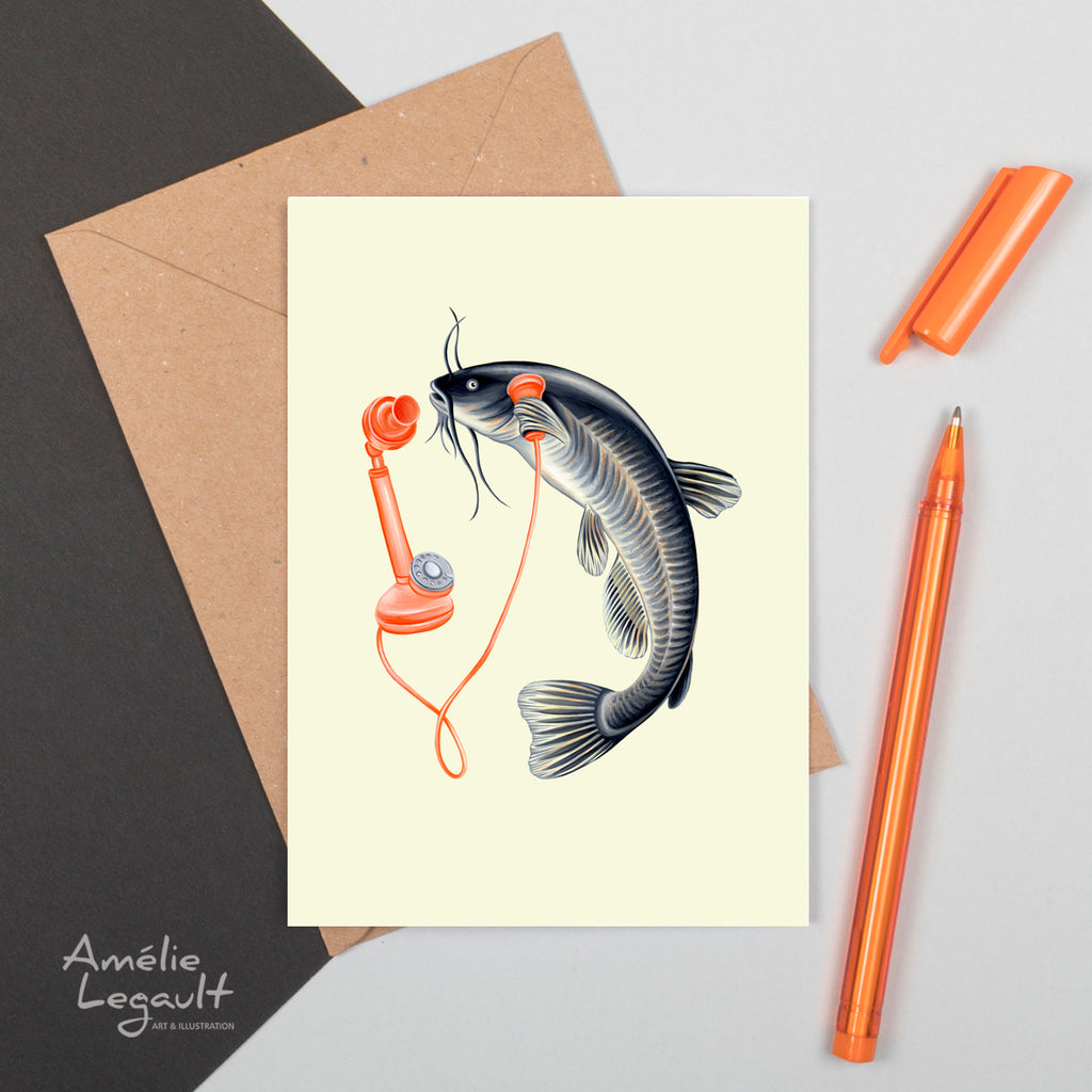 fish card, greeting card, birthday card, fish on the phone, amelielegault, hello, made in canada, canadian artist