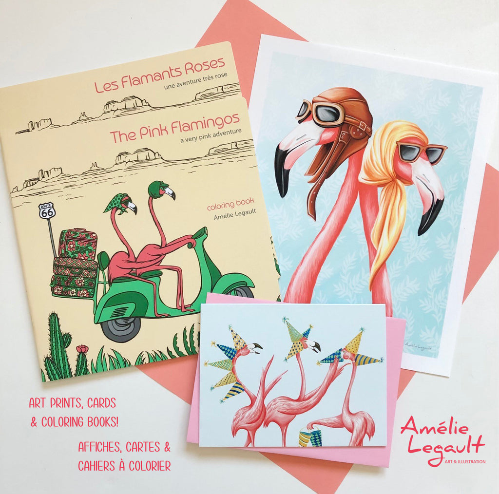 Amélie Legault artiste autrice et illustratrice, affiches, cartes de souhaits et cahiers à colorier
