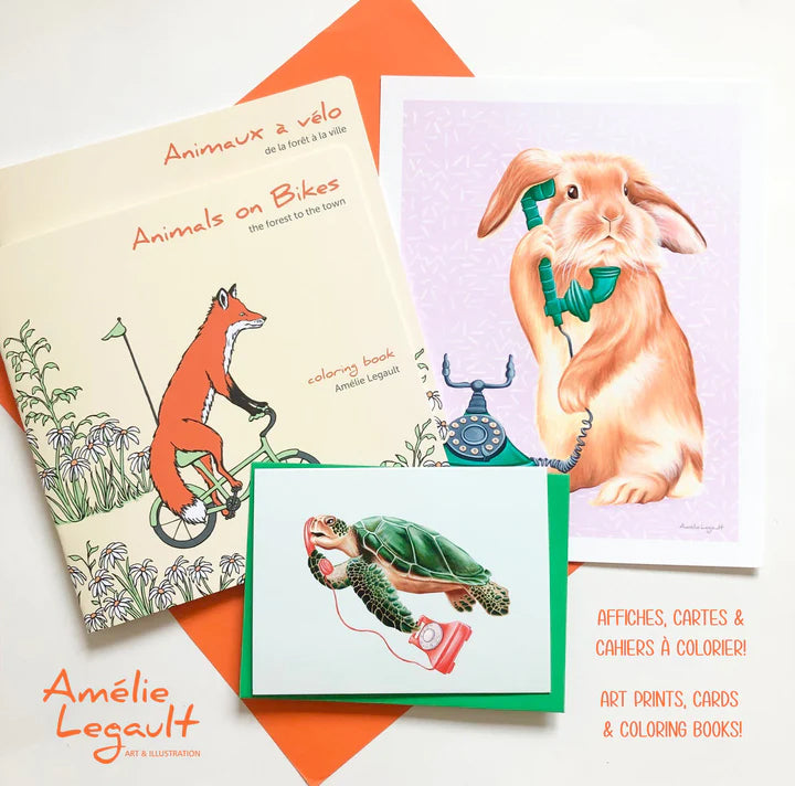 boutique d'amélie legault, cahiers à colorier, affiche et cartes de souhaits, Amélie Legault store coloring books, greeting cards and art prints, 
