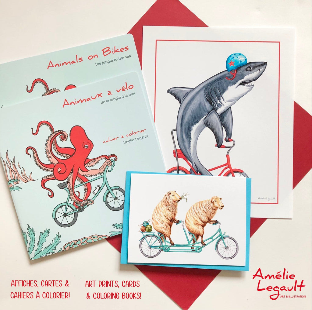 collection animaux à vélo par Amélie Legault, cartes, affiches et cahiers à colorier, animals on bikes collection by Amelie legault, coloring book, cards and art prints