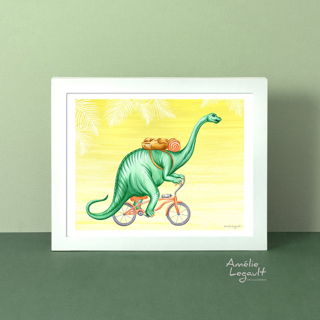 Dinosaur, Brontosaurus on bike, Print, Drawing, amélie legault, brontosaure, dessin de dinosaures, affiches de dinosaures