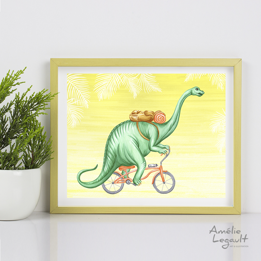 Dinosaur, Brontosaurus on bike, Print, Drawing, amélie legault