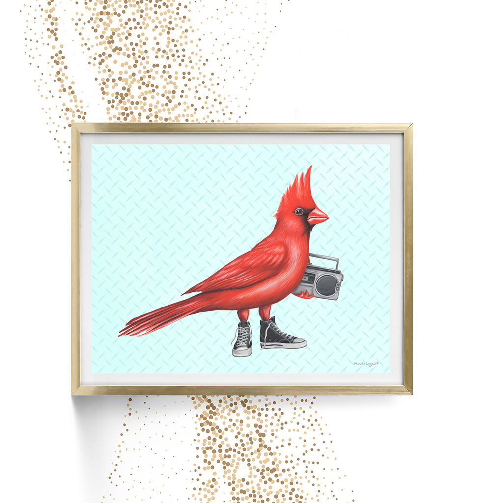 cardinal bird illustration, amelie legault, wearing sneaker shoes