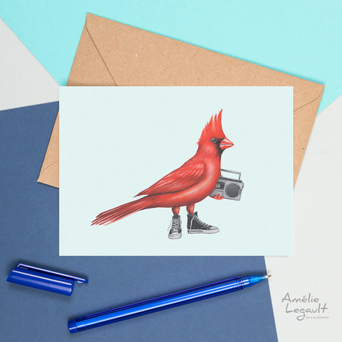 carte de souhaits de cardinal, carte d'oiseau, carte de fête, Amélie Legault 