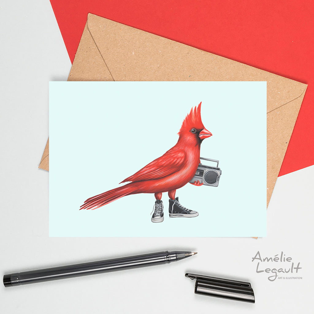 Cardinal bird card, cardinal birthday card, bird card by Amélie Legault, boombox and shoes
